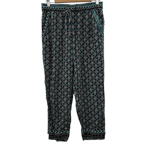 Anthropologie Geometric Print Tie Waist High Rise Jogger Pants in Green Motif S - Picture 3 of 15